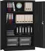 A black metal filing cabinet with its doors open, showing various office supplies organized on its shelves. Produktbild-Vorschau