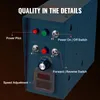 A close-up view of a blue control box with various switches, buttons, a dial, and a digital display, with labels pointing to different components. Produktbild-Vorschau