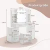A diagram showing the dimensions of a white vanity table with LED lights and a stool. Produktbild-Vorschau