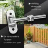 A collage of images showing a gate hinge, a close-up of the hinge mechanism, and a wooden fence with a potted plant. Produktbild-Vorschau