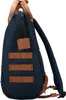 Side view of a navy blue backpack with brown leather accents. Produktbild-Vorschau