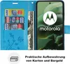 A blue flip case for a Motorola phone, showing credit cards and cash inside, with the phone displaying the Motorola logo and a green background. Produktbild-Vorschau