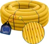 A coiled yellow drainage pipe with a close-up inset showing the perforations. Produktbild-Vorschau
