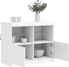 A white sideboard with two open doors and internal shelves, containing dishes and decorative items. Voir les images du produit