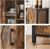 Collage showing different views of a wooden sideboard with black metal accents, including shelves, a drawer handle, and legs. Náhled obrázku produktu