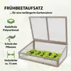 A wooden cold frame with a clear polycarbonate lid, filled with young lettuce plants. Produktbild-Vorschau