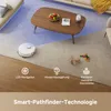 A robot vacuum cleaner is shown on a floor with different textures, next to a coffee table and some toys. The image also includes icons and text describing the product's features. Produktbild-Vorschau