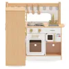 A wooden children's play kitchen with various accessories and appliances. Podgląd zdjęcia produktu