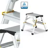 A collage of images showing a two-step aluminum stepladder, including close-ups of its features and a certification logo. Podgląd zdjęcia produktu
