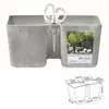 A grey planter with two compartments and a pair of scissors, with a diagram below showing dimensions. Náhled obrázku produktu