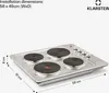 A four-burner electric cooktop shown from a slightly elevated diagonal angle, with dimensions indicated. A brand logo and installation dimensions are visible in the upper left and right corners respectively. Náhľad obrázku produktu