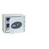 A white safe with its door open, revealing a passport and a lock. Voir les images du produit