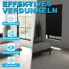 A split image showing a bedroom with a window on the left and a darkened room with a roller blind on the right. Icons and text highlight product features. Voir les images du produit