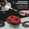A hand holding a steam cleaner wand spraying steam onto a dirty surface, with the steam cleaner unit in the foreground. Produktbild-Vorschau