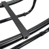 A close-up view of a black metal structure, likely part of a firewood rack, showing a strap secured with a screw. Podgląd zdjęcia produktu