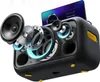Exploded view of a black portable speaker with yellow accents, showing internal components and a screen displaying music information. Anteprima dell’immagine prodotto