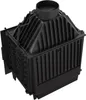 A black cast iron fireplace insert with a flue pipe on top, shown from a three-quarter angle against a white background. Produktbild-Vorschau