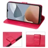 A collage of images showing a red phone case with embossed floral and butterfly designs, and a close-up of the magnetic clasp. Produktbild-Vorschau