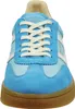A close-up, front view of a blue sneaker with white laces and white stripes on the side. Produktbild-Vorschau