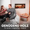 A couple enjoys a cozy evening by the fireplace with glasses of wine, next to a basket of firewood. Produktbild-Vorschau