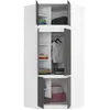 A corner wardrobe with multiple doors and shelves, some containing folded clothes and hanging garments. Anteprima dell’immagine prodotto