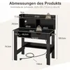 A diagram showing the dimensions of a black desk with an overhead shelf. Produktbild-Vorschau