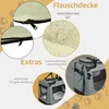 Collage of images showcasing features of a pet carrier, including a soft blanket, storage pockets, and mesh ventilation windows. Produktbild-Vorschau