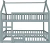 A gray wooden bunk bed with a house-like frame, a ladder, and a small door. Náhled obrázku produktu