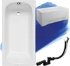 A white bathtub with a white acrylic apron and a black drain assembly is shown against a blue and white abstract background. Produktbild-Vorschau