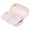 An open pink pencil case with multiple compartments and elastic loops for pens. Podgląd zdjęcia produktu