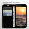 A black flip case for a Samsung phone is shown open, displaying card slots and a phone screen with a sunset image. Produktbild-Vorschau