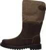 A side view of a single brown boot with a tan fabric upper. Voir les images du produit