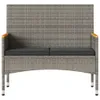 A front view of a grey poly rattan garden bench with black cushions and wooden armrests, set against a white background. Náhľad obrázku produktu