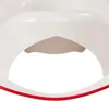 A close-up view of a white child's toilet seat with a red trim. Produktbild-Vorschau