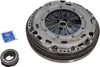 A clutch kit, including a flywheel, pressure plate, and release bearing, is displayed on a white background. Voir les images du produit