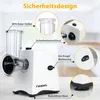 A white electric food processor with various features highlighted by callout boxes and text. Produktbild-Vorschau