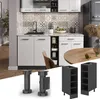 A collage showing kitchen cabinets, legs, and shelves, with a kitchen scene in the background. Produktbild-Vorschau