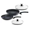 Two frying pans and two glass lids are arranged on a white background. Náhled obrázku produktu