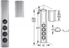 A product image showing a vertical power strip with multiple outlets, accompanied by technical drawings and dimensions. Náhled obrázku produktu