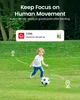 A child playing with a soccer ball in a grassy yard, with a notification overlay indicating human movement detection. Produktbild-Vorschau
