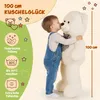 A child hugging a large white teddy bear, with marketing text and icons on the left side. Náhľad obrázku produktu