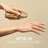 A hand is dispensing a golden oil from a bottle onto another hand, with marketing text overlayed. Produktbild-Vorschau