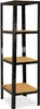 A black metal shelving unit with four wooden shelves, shown against a white background. Podgląd zdjęcia produktu