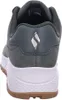 The back view of a green sneaker with a white sole and a brown outsole. Voir les images du produit