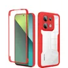 A red and clear phone case is displayed against a white background. The case is shown in two parts, with one part revealing the phone's screen and camera setup, and the other part showing the back of the case. Produktbild-Vorschau