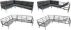 A collage of four images showing a sectional outdoor sofa, both assembled with cushions and as a metal frame. Produktbild-Vorschau