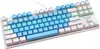A white mechanical keyboard with blue and white keycaps and rainbow backlighting. Produktbild-Vorschau