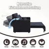 A black sofa bed shown in an angled side view with its backrest reclined. Text and icons indicating product features are overlaid. Produktbild-Vorschau