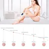 A woman using an IPL hair removal device on her leg, with a timeline graph showing hair loss progress. Produktbild-Vorschau