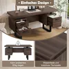 A collage of images showcasing a brown desk with drawers, highlighting its features and construction. Podgląd zdjęcia produktu